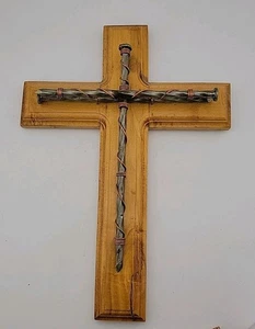 Handmade Wooden Cross With 3 Spikes Religious Wall Hanging 10” X 14”  - Picture 1 of 8