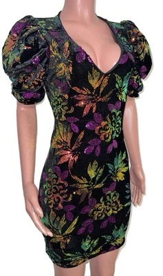Valentine S Black velvet Floral Sequin Lined Mini cleavage dress Glam Mardi Gras - Image 1 of 4