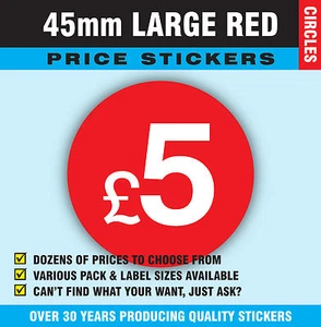Adesivi/etichette adesive grandi £5 - 45 mm rosso brillante punto prezzo vendita negozio  - Foto 1 di 55