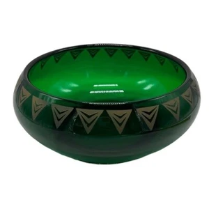 Dalzell Viking Bowl Vintage Green Glass Gold Triangles Hollywood Regency Heavy - Picture 1 of 12