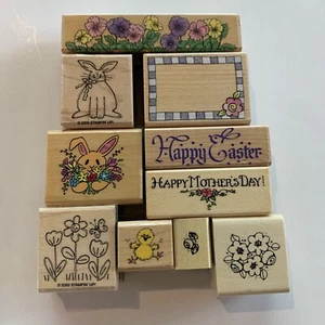Feder Gummi & Holz Stempelset. Hase Frohe Ostern, Happy Mothers Day, 10 Stempel - Bild 1 von 3