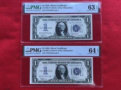FR-1606  2 Consecutive 1934 Series $1 Silver Certificates *PMG 64/63 EPQ Ch UNC* - Image 1 of 4