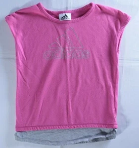 Adidas girls sz 4T faux layer tee shirt pink gray cap sleeve logo graphic - Picture 1 of 5
