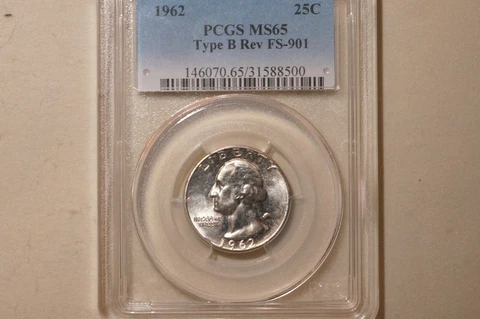 1962 WASHINGTON QUARTER GRADED PCGS MS65 TYPE B REV FS-901 LIGHT TONING Cover