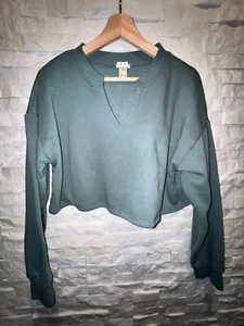 EUC Women's BOZZOLO Cropped V-Neck Long Sleeve Sweatshirt Cozy Fleece Green L - Picture 1 of 5