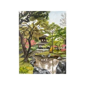 Pintura acrílica de templo de jardín japonés arte original paisaje arte de pared 6 x 8 pulgadas - Imagen 1 de 6