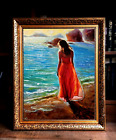 Woman in red dress Seascape FRAMED. Woman by the sea OBK ART by Olga Begish