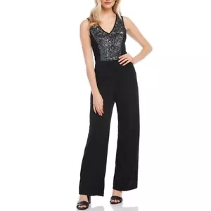 Karen Kane Black Sequin Wide Leg Jumpsuit V Neck Sleeveless Women Small NEW $168 - Picture 1 of 9