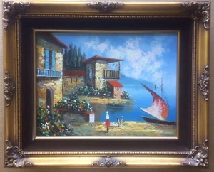 Casa de pintura y velero firmados Rossini por mar con interiores artísticos - marco 18x23 - Imagen 1 de 12