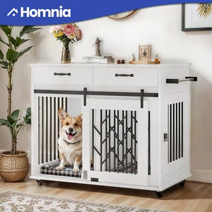 39" Freestanding Dog Kennel Rolling Wooden Pet Crate Iron Cage Secure Lock Door - Picture 1 of 10