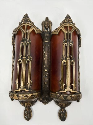 Pair of Antique Art Deco Theater Double Light Wall Scones Electric Bakelite 13” - Image 1 of 4