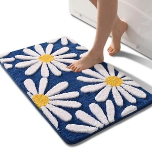 Navy Blue Bathroom Rugs Cute Daisy Bath Mat White and Yellow Flower Decor Rug... - Picture 1 of 6