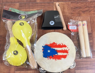 Parranda Kit-Maracas, Claves, Pandereta Y Cowbell, Puerto Rico Flag Design - Image 1 of 4