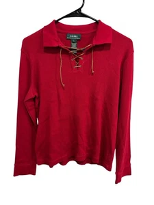 Lauren Ralph Lauren Long Sleeve Lace Up Polo Shirt Red Sz Large Cozy Knit Cotton - Picture 1 of 9