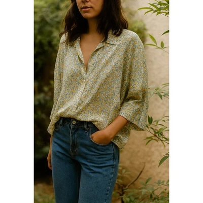 Xirena Daphne Top Womens Large Yellow Floral Print Button Down Silk Cotton - Image 1 of 4