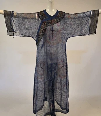 ANTIQUE 19TH C CHINESE SILK GAUZE SUMMER ROBE W DRAGON HAND EMBROIDERY AS ACQ - Image 1 of 4