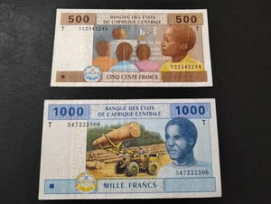 Lot of 2 Central African CFA Franc Banknotes – 500 & 1000 Francs – 2002 Issue - Picture 1 of 2