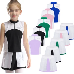 Kid Girls Tops With Skirt Stand Collar Athletic Golf Outfit Color Block Skort - Picture 1 of 63