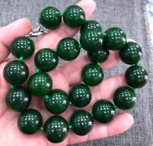 Huge Natural 20MM Dark Green Jade Round Beads Gemstone Necklace 18" AAA - Picture 1 of 5
