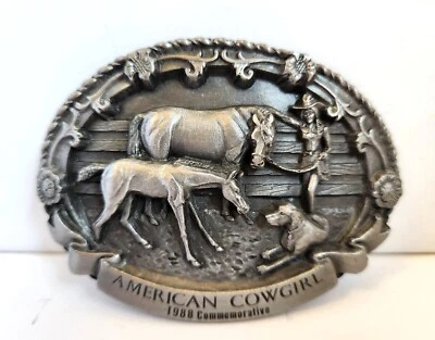 AMERICAN COWGIRL Horse Riding LE Belt Buckle Pewter 1988 Commemorative USA #34 - Image 1 of 4
