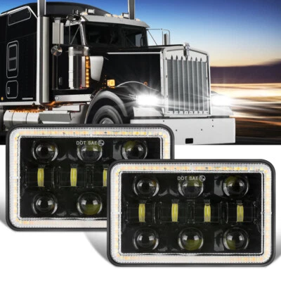2pcs 4x6'' Led Headlights Hi-Lo Angel Eyes DRL for Peterbilt Kenworth T800 W900 - Image 1 of 4