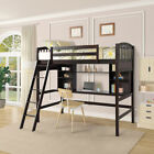 Twin Size Wood Loft Bed w/Desk&Ladder&Storage Shelves Kids Study Bedroom Décor