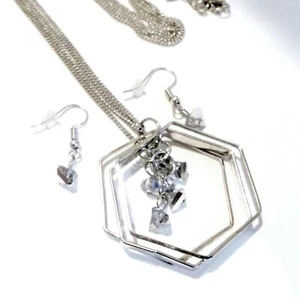 Silver Tone Hexagon Shaped Crystal Accented Pendant Necklace Earring Set Demi - Picture 1 of 4