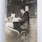 Snapshot Photograph Man Working At A Desk Writing In A Ledger Book Ink Stamps