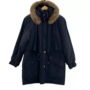 Vintage 80s Gallery Coat Womens Medium Black Rayon Blend Raccoon Fur Trim Hood - Picture 1 of 10