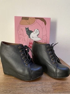 JEFFREY CAMPBELL 99 TIE WEDGE PLATFORM SHOES BOOT BOOTIE HEELS 7.5 BLACK LACE-UP - Picture 1 of 4