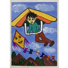 ACEO ORIGINAL PAINTING Mini Art Card People Boy Kiting Kite Mountains Sky Ooak