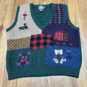 Vintage 80s 90s Woolrich Womens Large Wool Sweater Vest Duck House Bear VTG - Picture 1 of 7