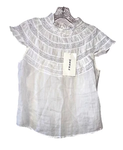 FRAME Size XS 100% Ramie Lace Inset Short Sleeve Top NWT $298 White - Imagen 1 de 9