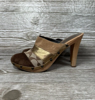 Vintage Y2K 2000s Coach Katy Mules Clogs Heels Shoes Brown Gold Leather Size 7.5 - Image 1 of 4