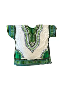 Mama & Papa Dashiki Tunic XL White Green Blue African Boho Shirt - Picture 1 of 6