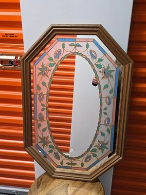 Espejo ovalado cuerda grabada octágono de colección, vidrio de color, marco de madera real Foto 1 de 4