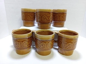 Vintage Set Of 6 Stackable Coffee Mug Cup Japan Brown Drip Glaze - Picture 1 of 9