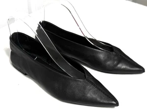 Zara Leather Minimalist Ballet Flats Black Pointed Toe Size 37/6.5 Slip On Shoes - Picture 1 of 16