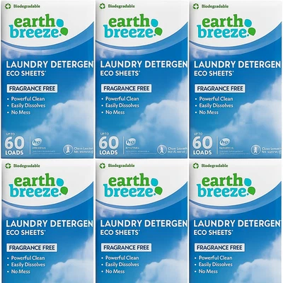 ECO+ lot of 6 Earth Breeze Laundry Detergent 30 Eco Sheets Fragrance Free NEW