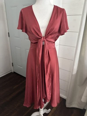 Billy J Dress Womens 8 Pink Tie Front Midi Flutter Sleeve V Neck A Line Lined - Image 1 of 4