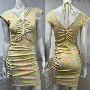Nicole Miller Women's S Yellow Stretchy Retro Bodycon Pastel Pencil Ruched Dress - Picture 1 of 5