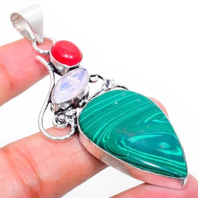 Ciondolo gioiello in argento sterling 925 fatto a mano in malachite, pietra... - Immagine 1 di 4