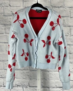 Girls Art Class Sweater Cardigan  Light Blue Red Cherries Medium 7/8 - Picture 1 of 3