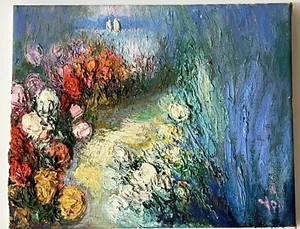 YOLI-Yolanda Razzzeto. 10x8 Original Ölleinwand 1995, stromaufwärts, handsigniert - Bild 1 von 3