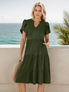 Womens Ruffle Sleeve V Neck Midi Dress Casual Fit Flowy Tiered Vacation Sundress - Picture 1 of 14