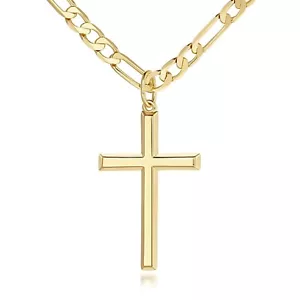 14k Gold Cross Necklace for Men Large Gold Cross Pendant Figaro Chain for Men... - Picture 1 of 7