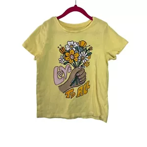 Old Navy Girls Yellow T Shirt Size Large 10-12 Love For All Flowers Hand Graphic - Picture 1 of 4