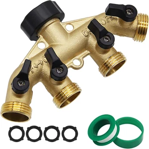 4 Way Brass Hose Splitter, 3/4" Brass Hose Faucet Manifold, Garden Hose Adapter - Picture 1 of 12