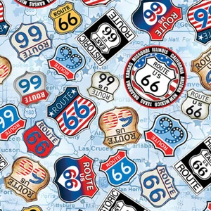 AMERICA'S HIGHWAY ROUTE 66 ROAD SIGNS ON BLUE BY BENARTEX FABRIC HY - Picture 1 of 2