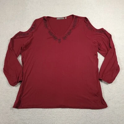 89th & Madison Shirt Women's Plus 2X Red Cold Shoulder Long Sleeve Embroidered - Image 1 of 4